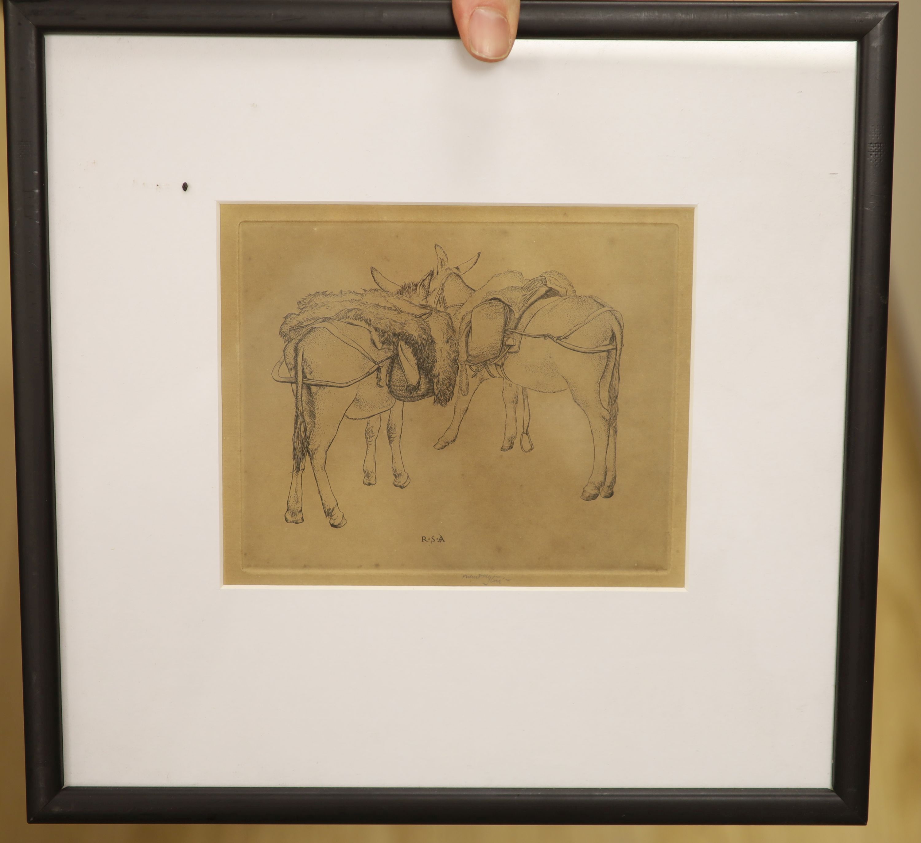 Austin Robert Sargent (1895-1973) etching, Pack Mules, signed in pencil, 13 x 16cm and an 18th century engraving